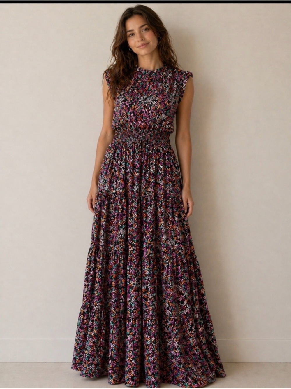 Misa Los Angeles Black Floral Smocked Maxi Dress